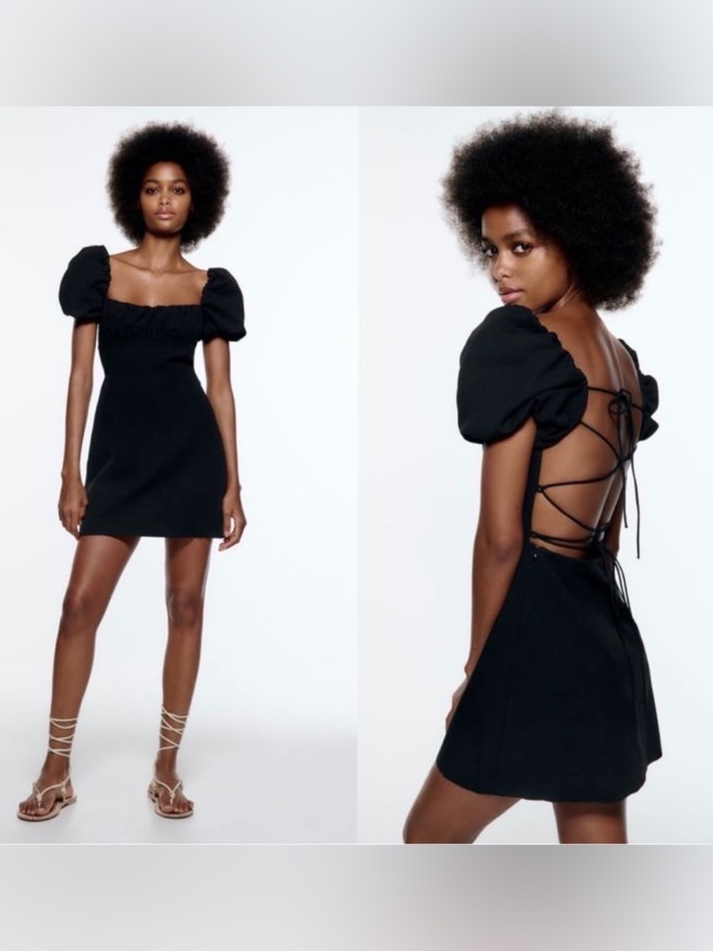 ZARA Puff Sleeve Black Mini Dress Open Back Lace Up Crossback Straps Medium